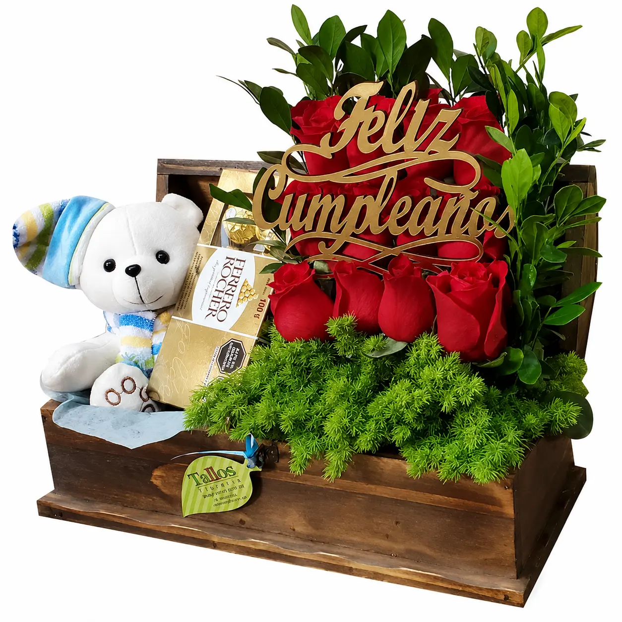 arreglo floral de cumpleaños con rosas chocolates y peluche en baúl de madera con entrega en Lima