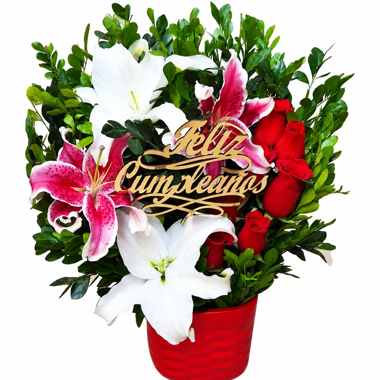 Arreglo floral con rosas rojas lirios rosados y blancos ideal para regalo de cumpleaños elegante y especial con delivery en Lima
