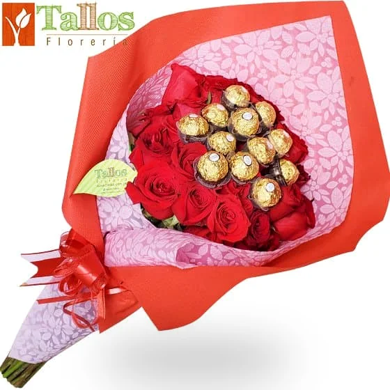Ramo de rosas rojas y chocolates para regalo de amor romántico ideal para sorprender en aniversario o ocasión especial con entrega a domicilio en Lima