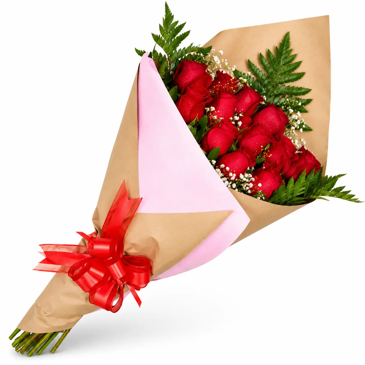 Ramo de rosas rojas envueltas en papel kraft para amor romántico elegante ideal para sorprender con entrega a domicilio en Lima