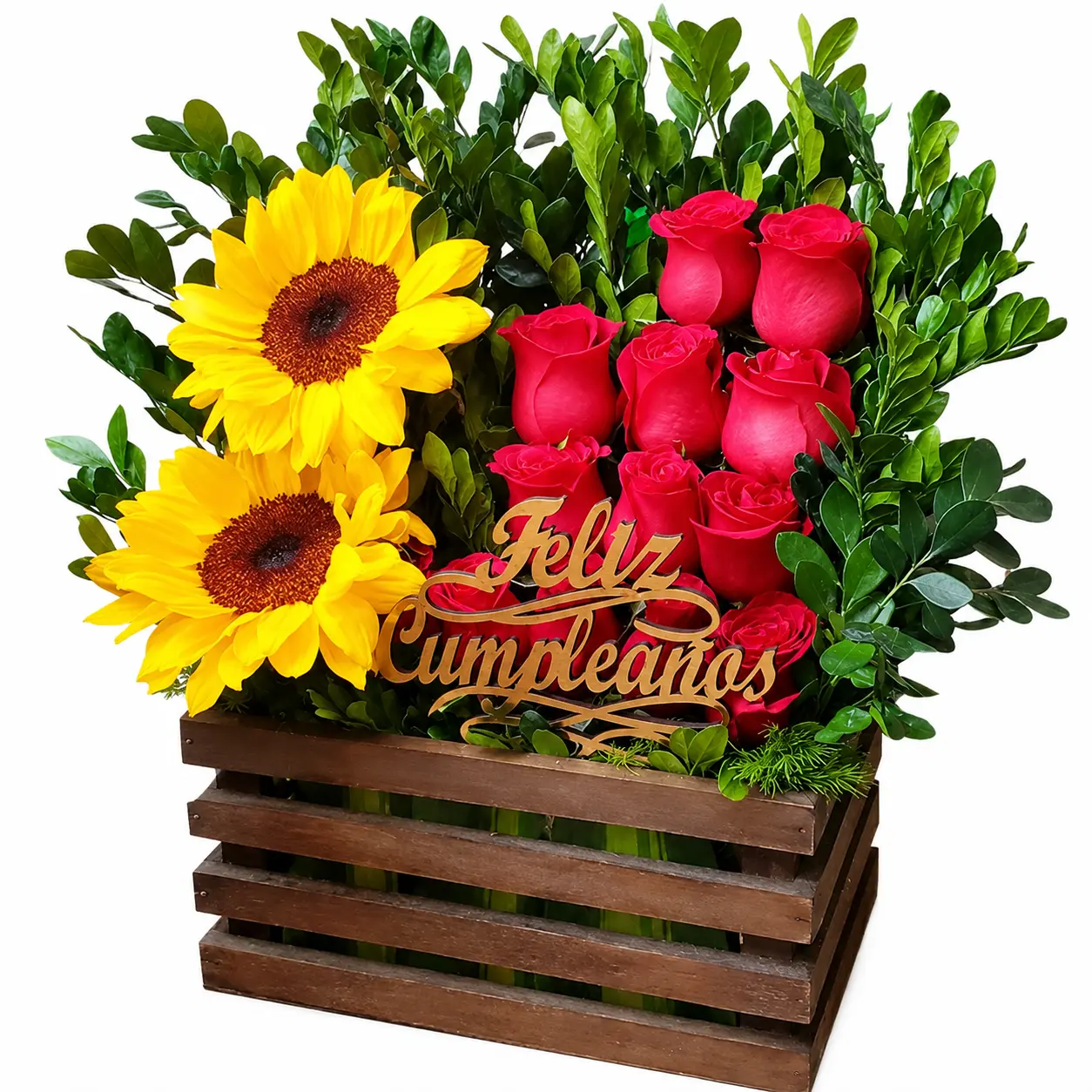 cajón de madera con rosas rojas y girasoles para cumpleaños con entrega en Lima