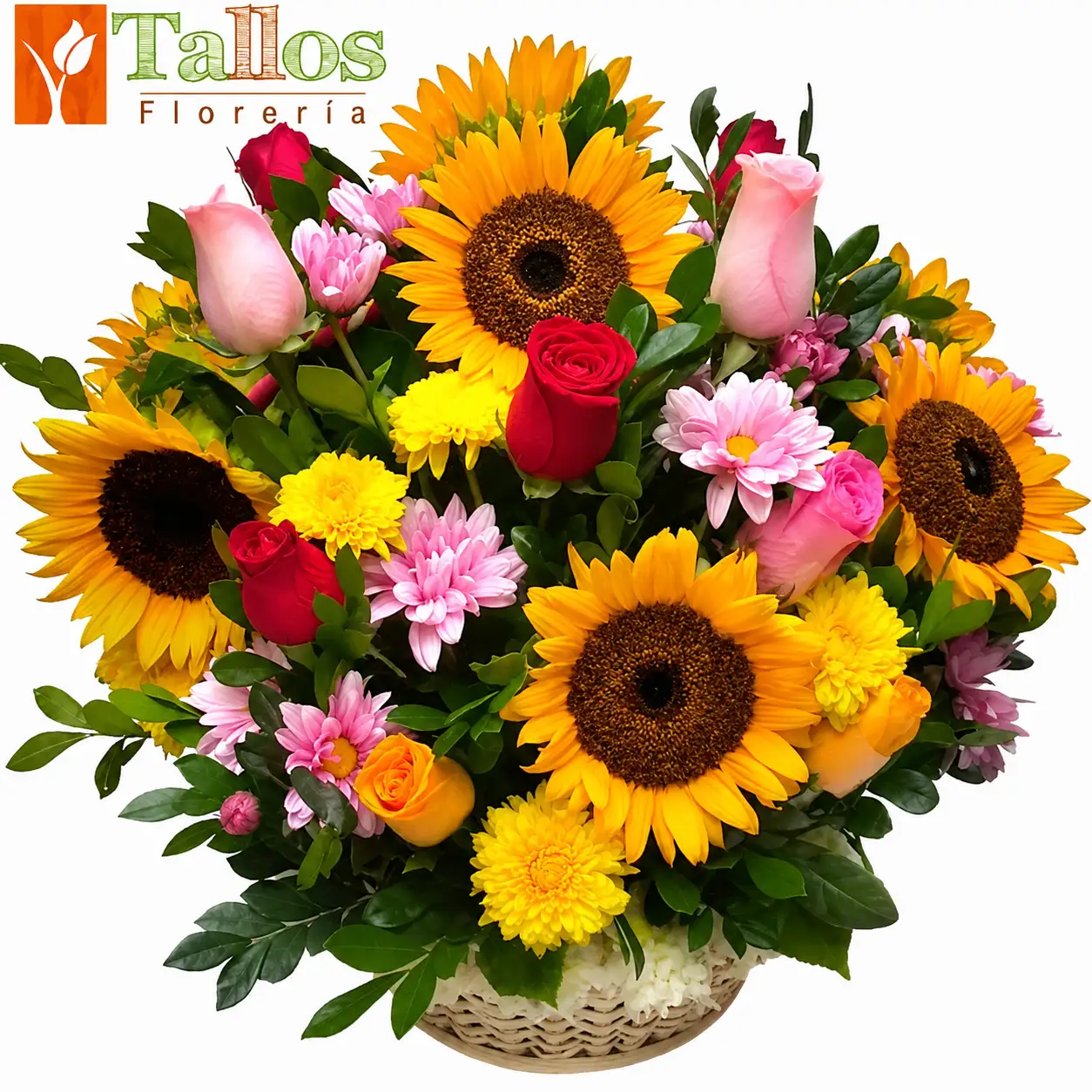 Arreglo floral con rosas de diferentes colores y girasoles en canasta ideal para regalo alegre y colorido para cumpleaños o cualquier ocasión con delivery en Lima