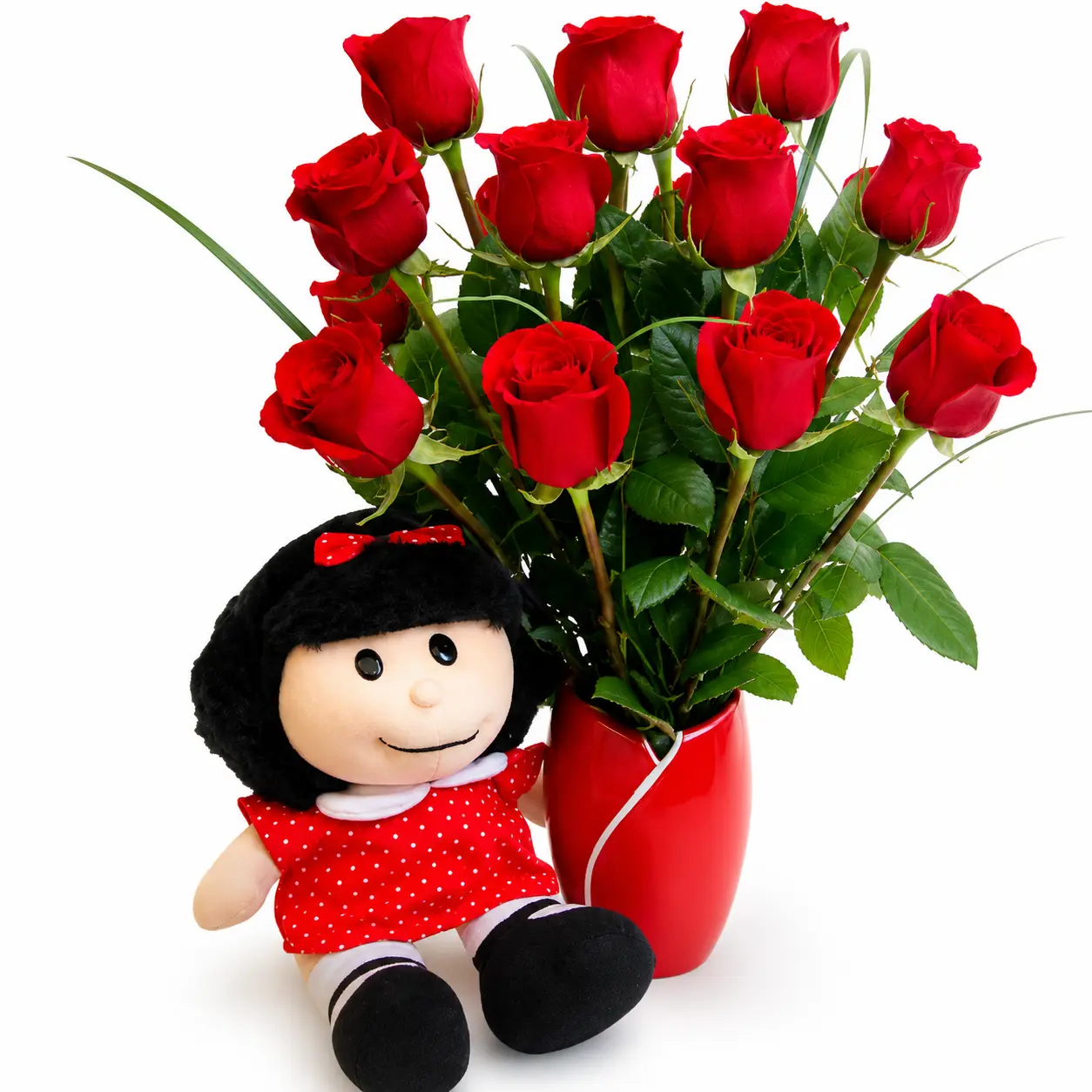 Arreglo floral en florero con rosas rojas y peluche para regalo de amor romántico ideal para sorprender con entrega a domicilio en Lima