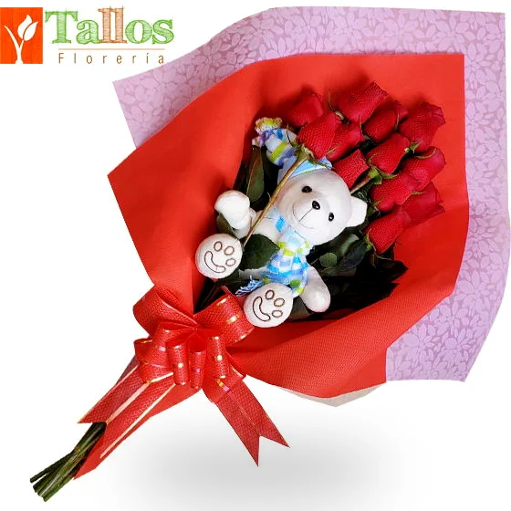 Ramo con rosas rojas y peluche ideal para regalo de amor romántico o cumpleaños con entrega a domicilio en Lima
