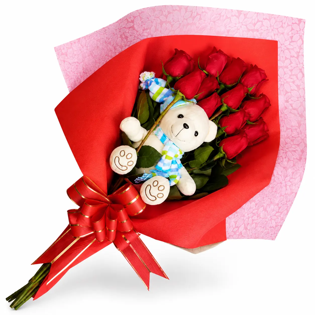 Ramo con rosas rojas y peluche ideal para regalo de amor romántico o cumpleaños con entrega a domicilio en Lima