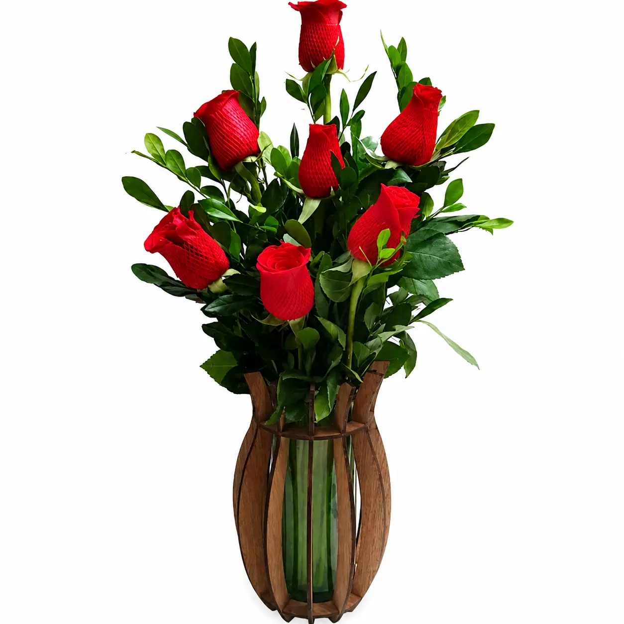 florero de madera con arreglo floral para regalo elegante delivery de flores en Lima
