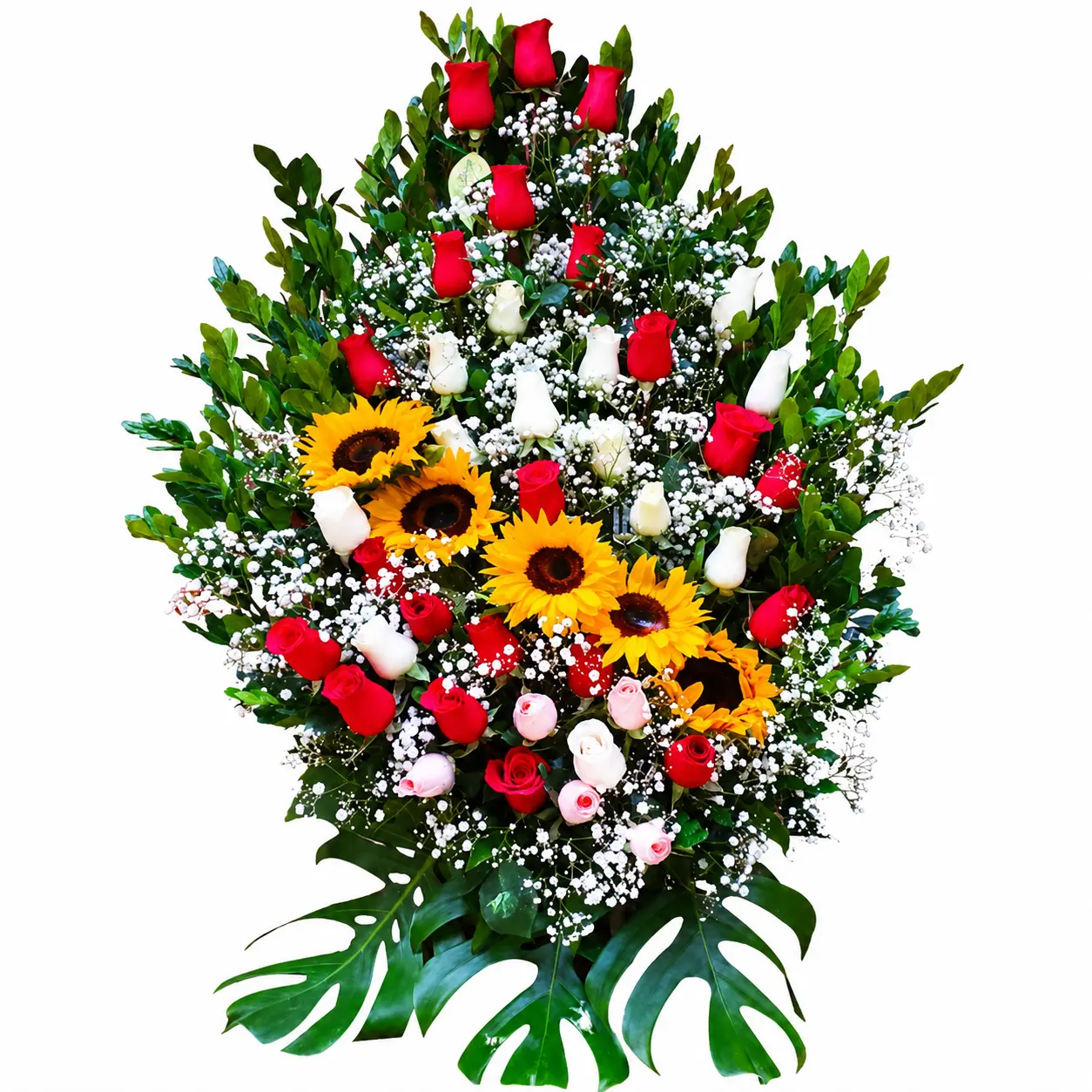 arreglo floral con rosas y girasoles para eventos delivery de flores en Lima