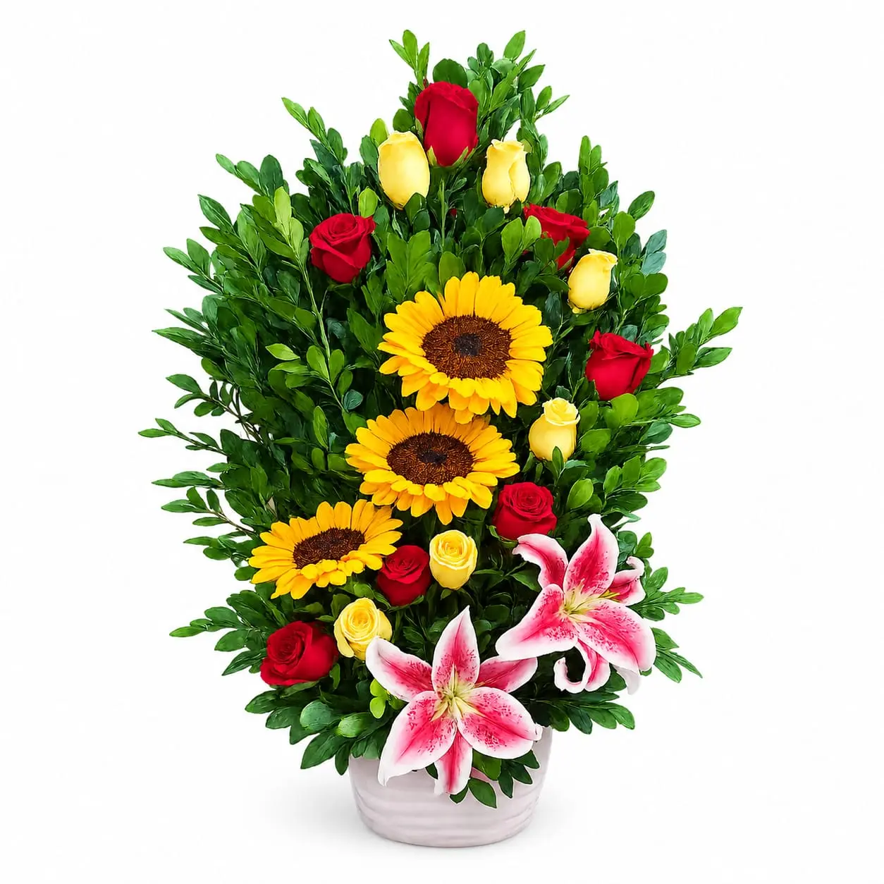 arreglo floral con girasoles rosas y lirios en base de cerámica para regalo con entrega en Lima