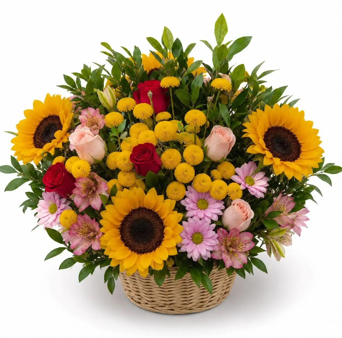 Arreglo floral con rosas de colores y girasoles en canasta para regalo delivery en Lima