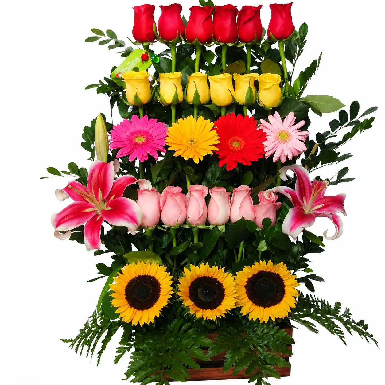 arreglo floral colorido con rosas girasoles y gerberas para eventos con entrega en Lima