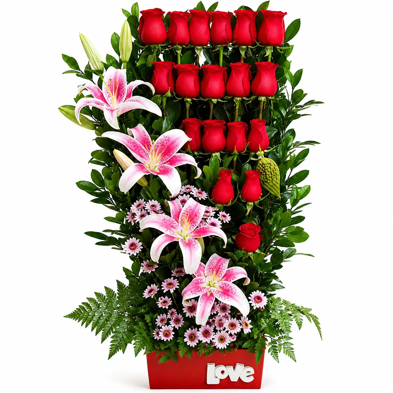 Arreglo floral con rosas rojas y lirios rosados en base de cerámica color rojo ideal para regalo de amor romántico o aniversario con delivery en Lima
