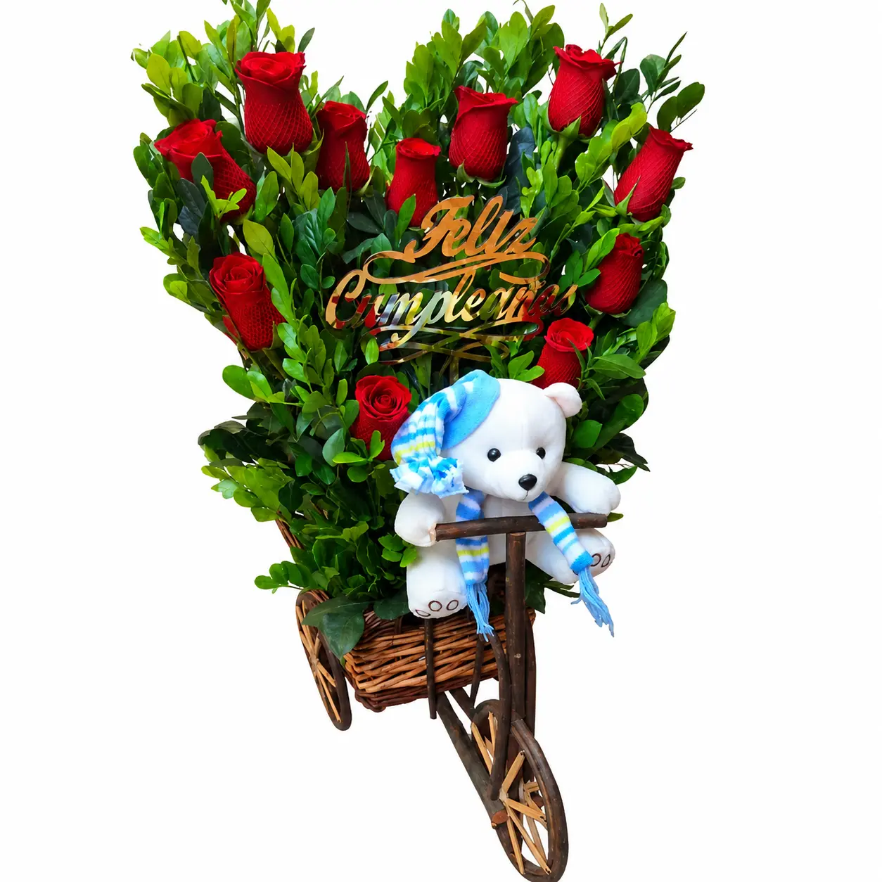 Arreglo floral de rosas rojas con peluche en carreta de mimbre para cumpleaños regalo romántico con entrega a domicilio en Lima