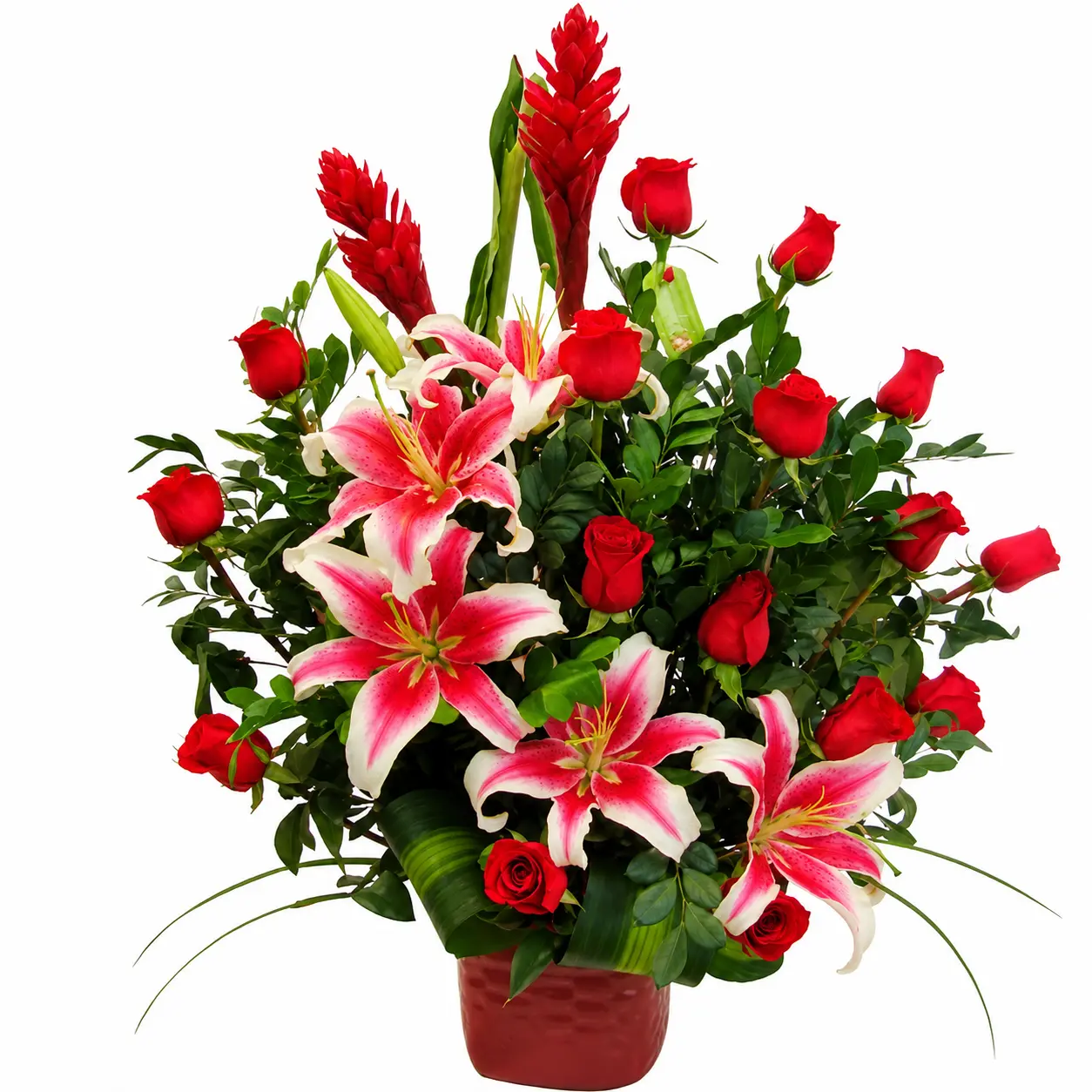Arreglo floral con gingers rojos rosas rojas y lirios rosados en base de cerámica roja elegante ideal para regalo o decoración con entrega a domicilio en Lima