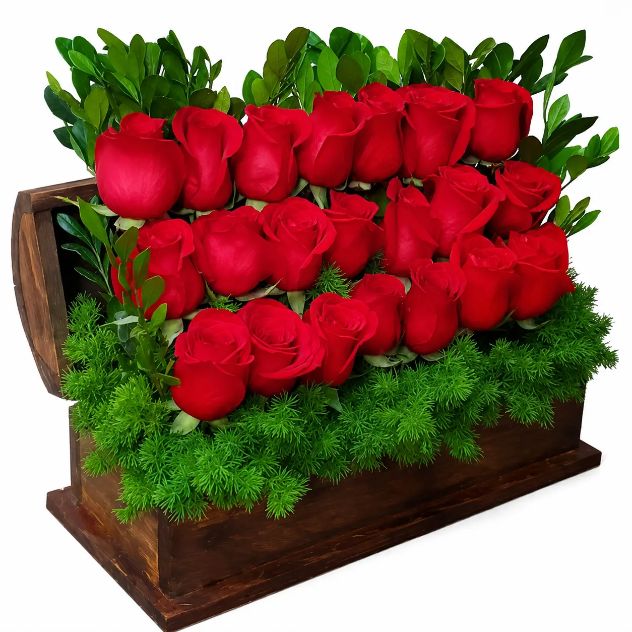 elegante arreglo floral de rosas rojas en baúl de madera con entrega en Lima