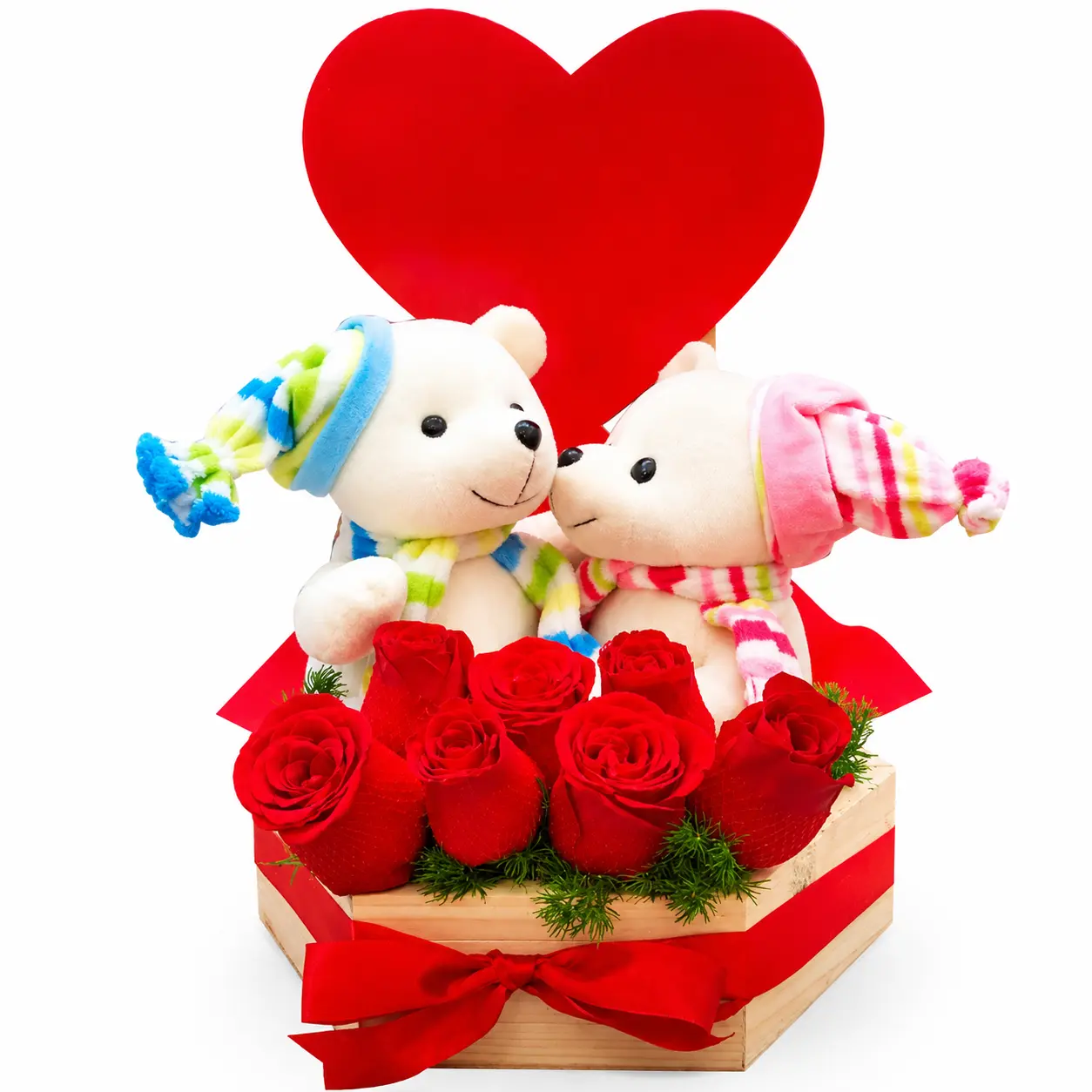 Arreglo floral con rosas rojas y peluches en base decorativa ideal para regalo de amor romántico o aniversario con entrega a domicilio en Lima
