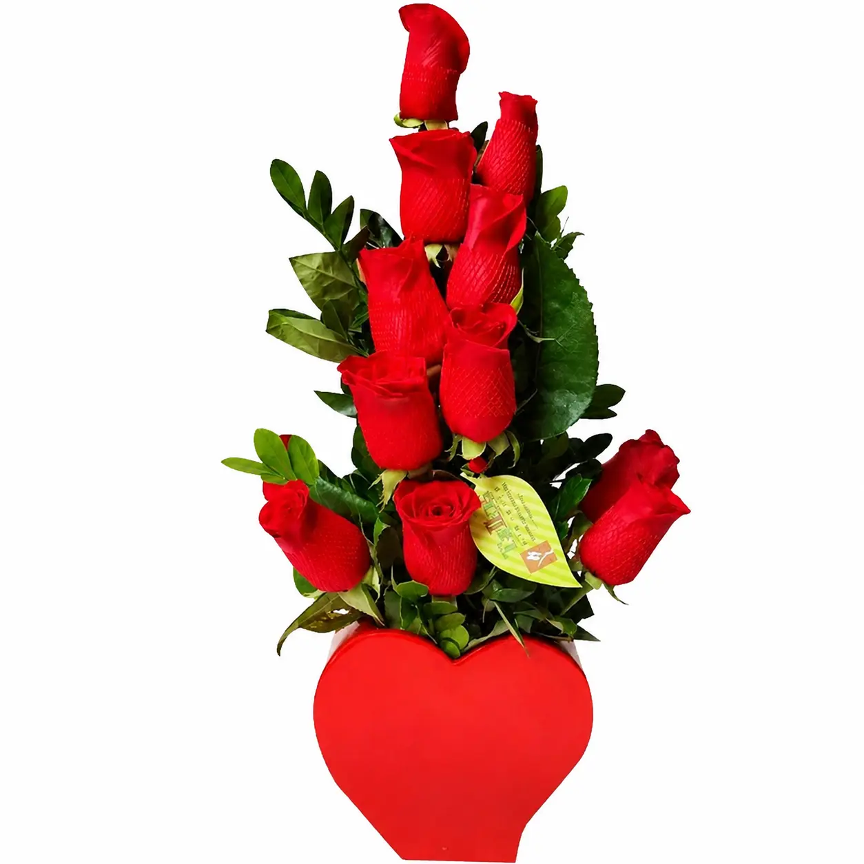 Arreglo floral con rosas rojas en base de cerámica roja en forma de corazón ideal para regalo de amor romántico o aniversario con delivery en Lima
