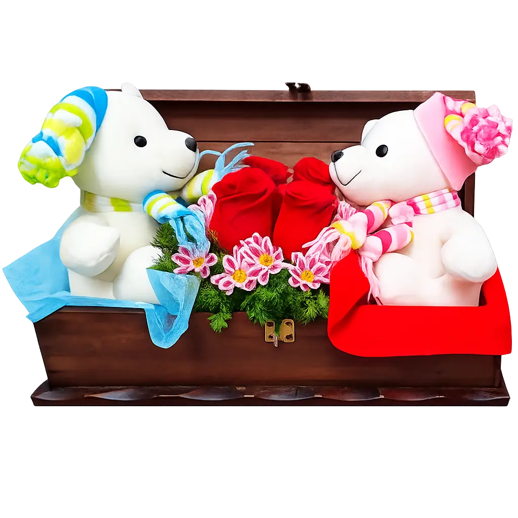 Arreglo con peluches en baúl de madera ideal para regalo de amor romántico o aniversario con entrega a domicilio en Lima