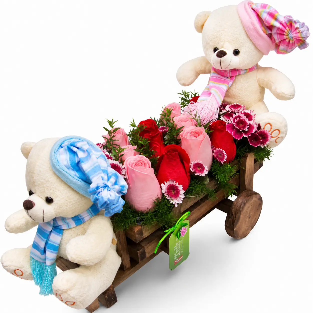 Arreglo floral con rosas rojas y rosadas con peluches en carreta de madera ideal para regalo romántico o cumpleaños con delivery en Lima