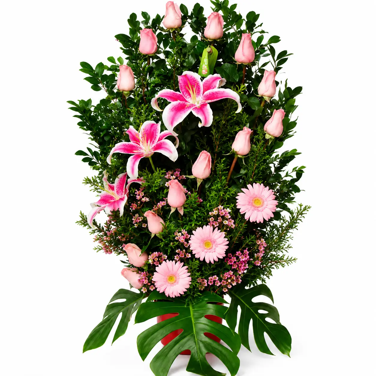 Arreglo floral con rosas rosadas y lirios rosados en base de cerámica ideal para regalo elegante por cumpleaños aniversario o cualquier ocasión con entrega a domicilio en Lima