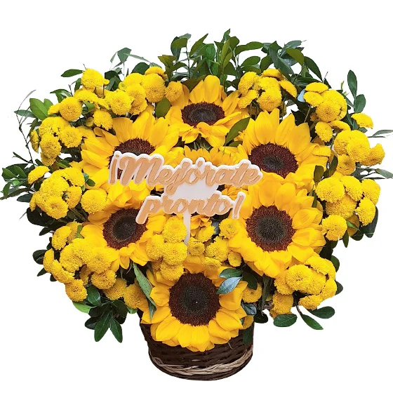 Arreglo floral en canasta con girasoles para clínicas y hospitales ideal para recuperación y buenos deseos con entrega a domicilio en Lima