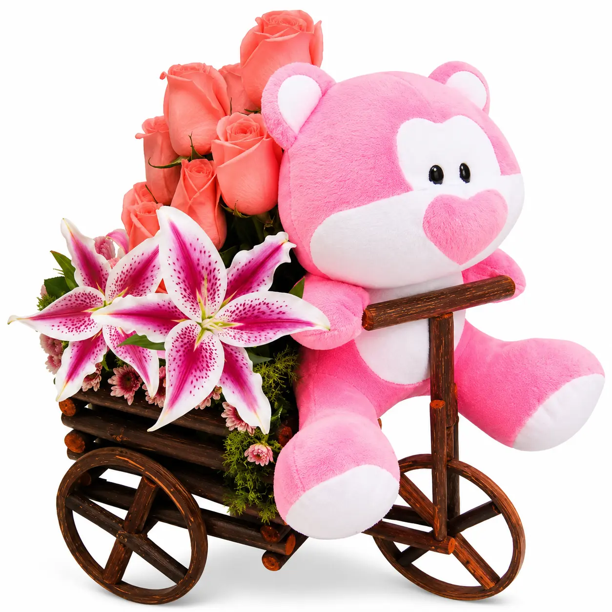 arreglo floral de rosas rosadas en carreta de madera con peluche regalo delivery de flores en Lima
