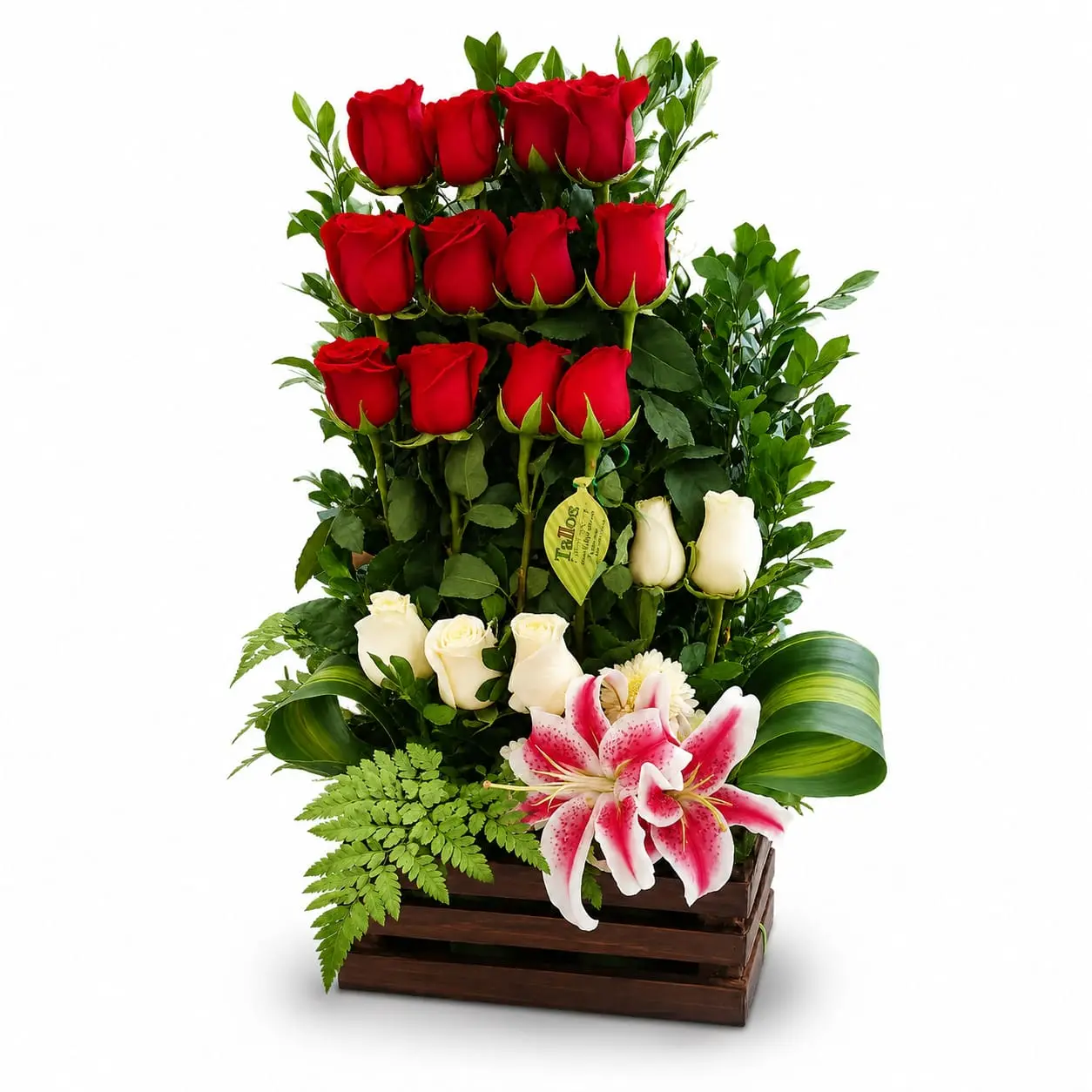 cajón de madera con rosas rojas y rosadas y lirios para regalo con entrega en Lima
