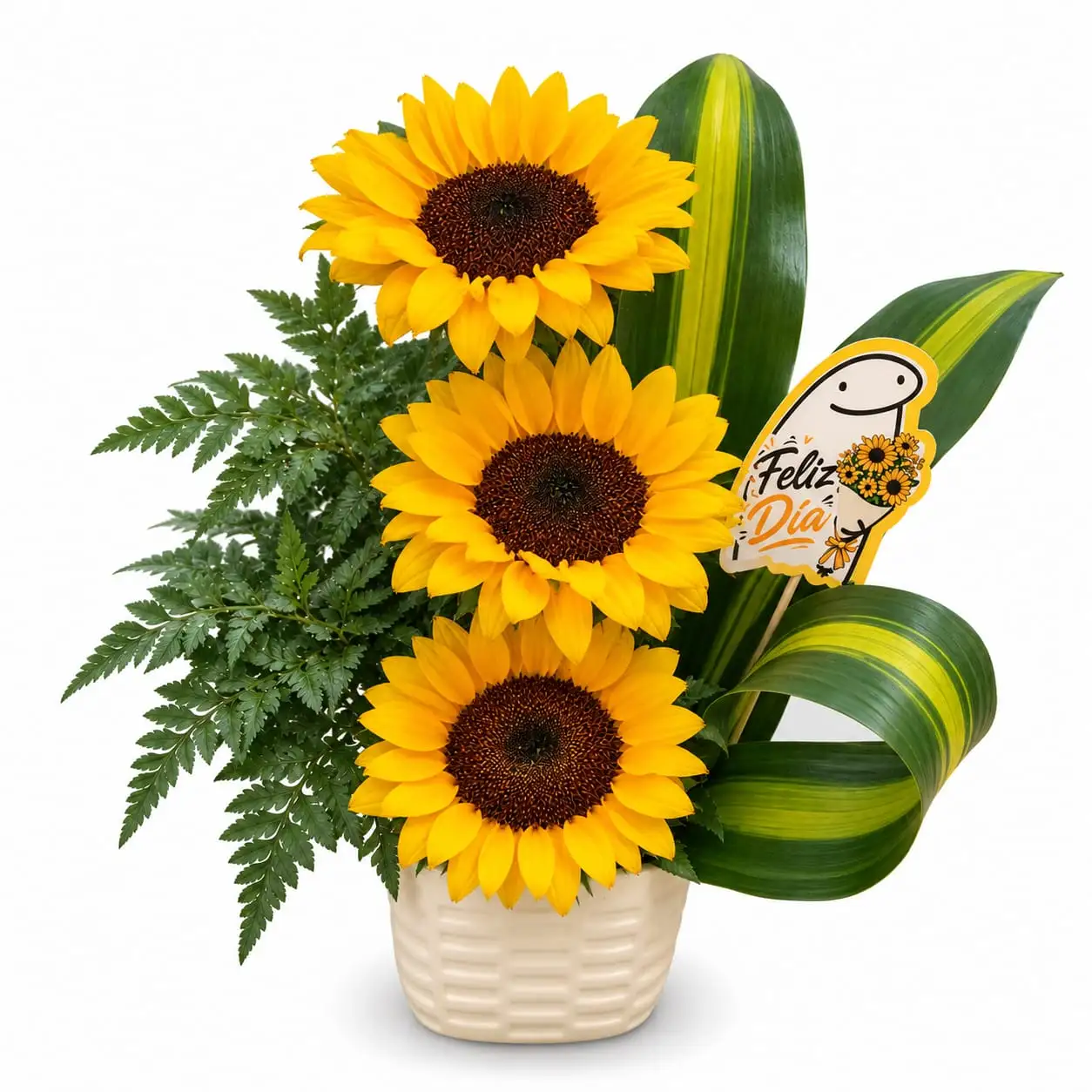 Arreglo floral con girasoles en base de cerámica ideal para regalo alegre y elegante para cumpleaños o cualquier ocasión con delivery en Lima