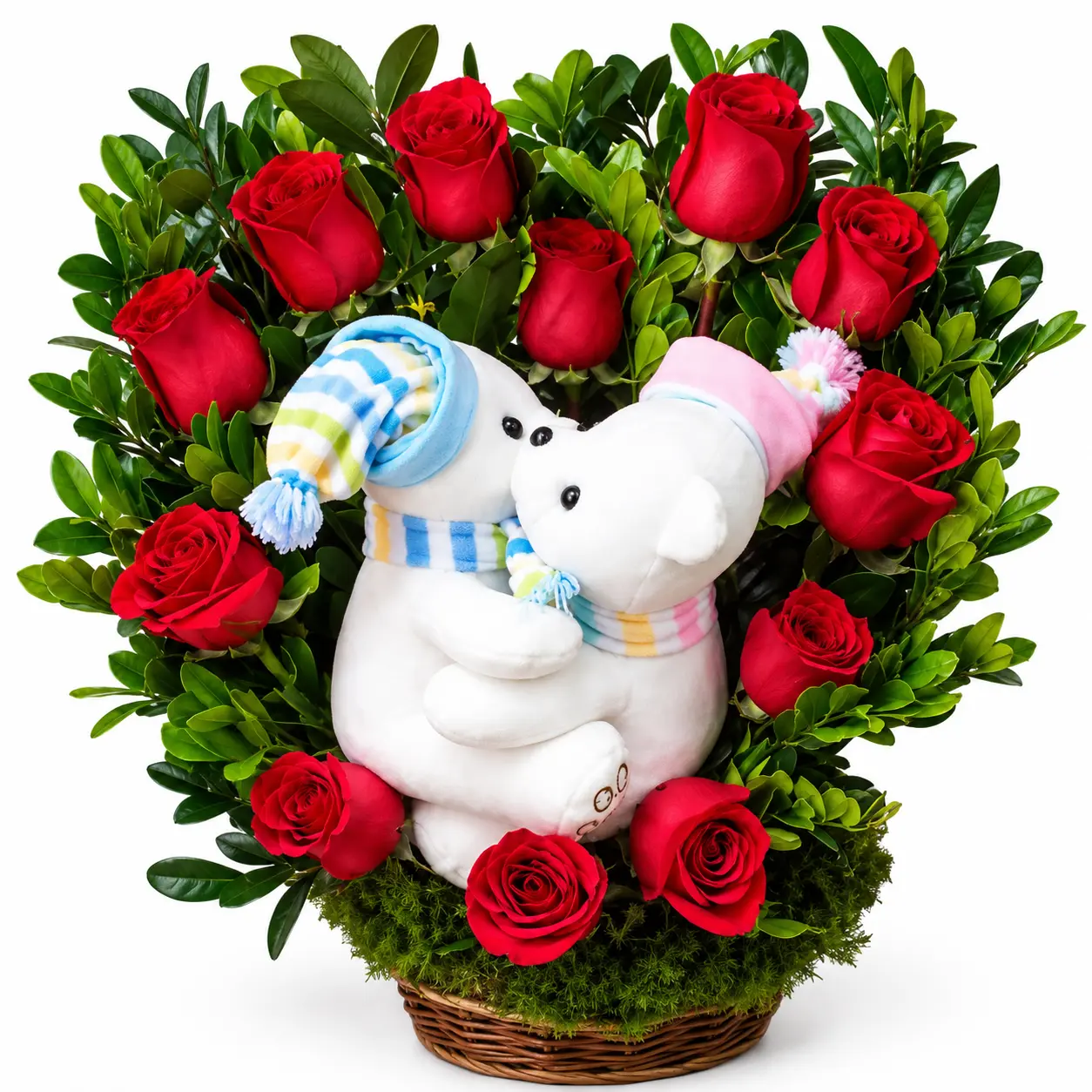 arreglo floral de rosas rojas con peluches para regalo romántico con entrega en Lima
