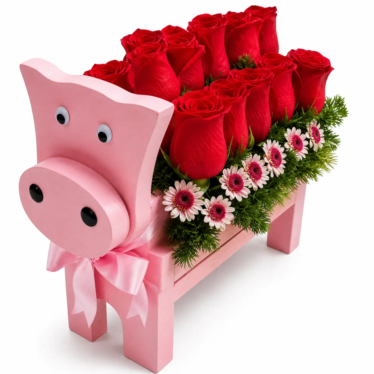 arreglo floral con rosas rojas en base con forma de chanchito para regalo con entrega en Lima