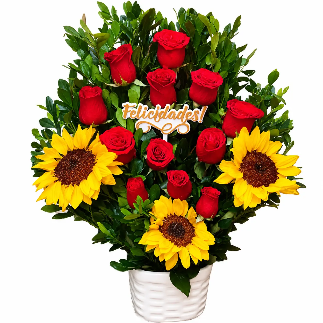 Arreglo floral con rosas rojas y girasoles en base de cerámica color blanco ideal para felicidades regalo alegre y elegante con delivery en Lima