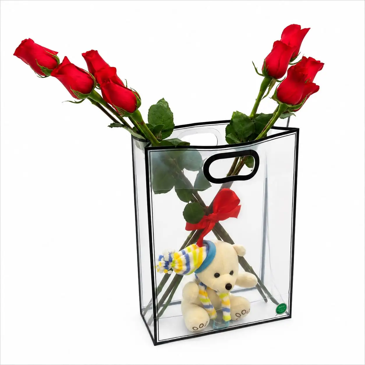 arreglo de rosas rojas con peluche en cartera transparente para regalo con entrega en Lima
