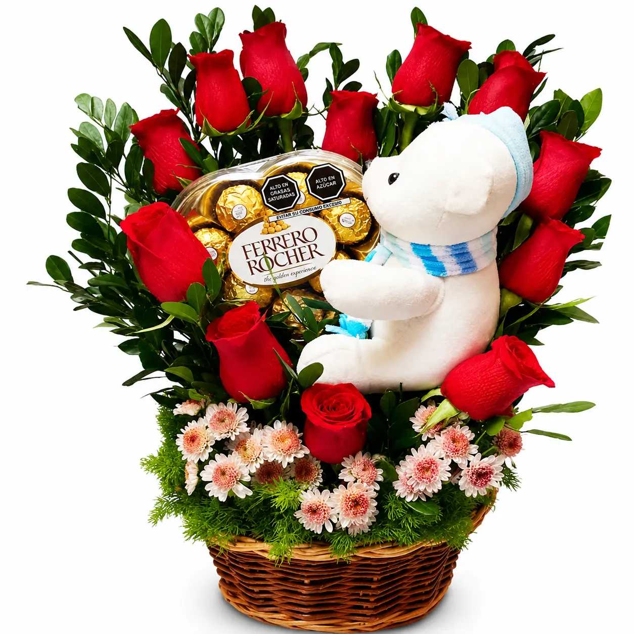 Arreglo floral con rosas rojas peluche y chocolates en canasta ideal para regalo de amor romántico o aniversario con entrega a domicilio en Lima