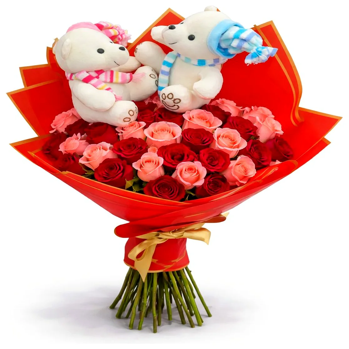 Ramo buchón con rosas rojas y rosadas y peluches ideal para regalo de amor romántico elegante y abundante con entrega a domicilio en Lima