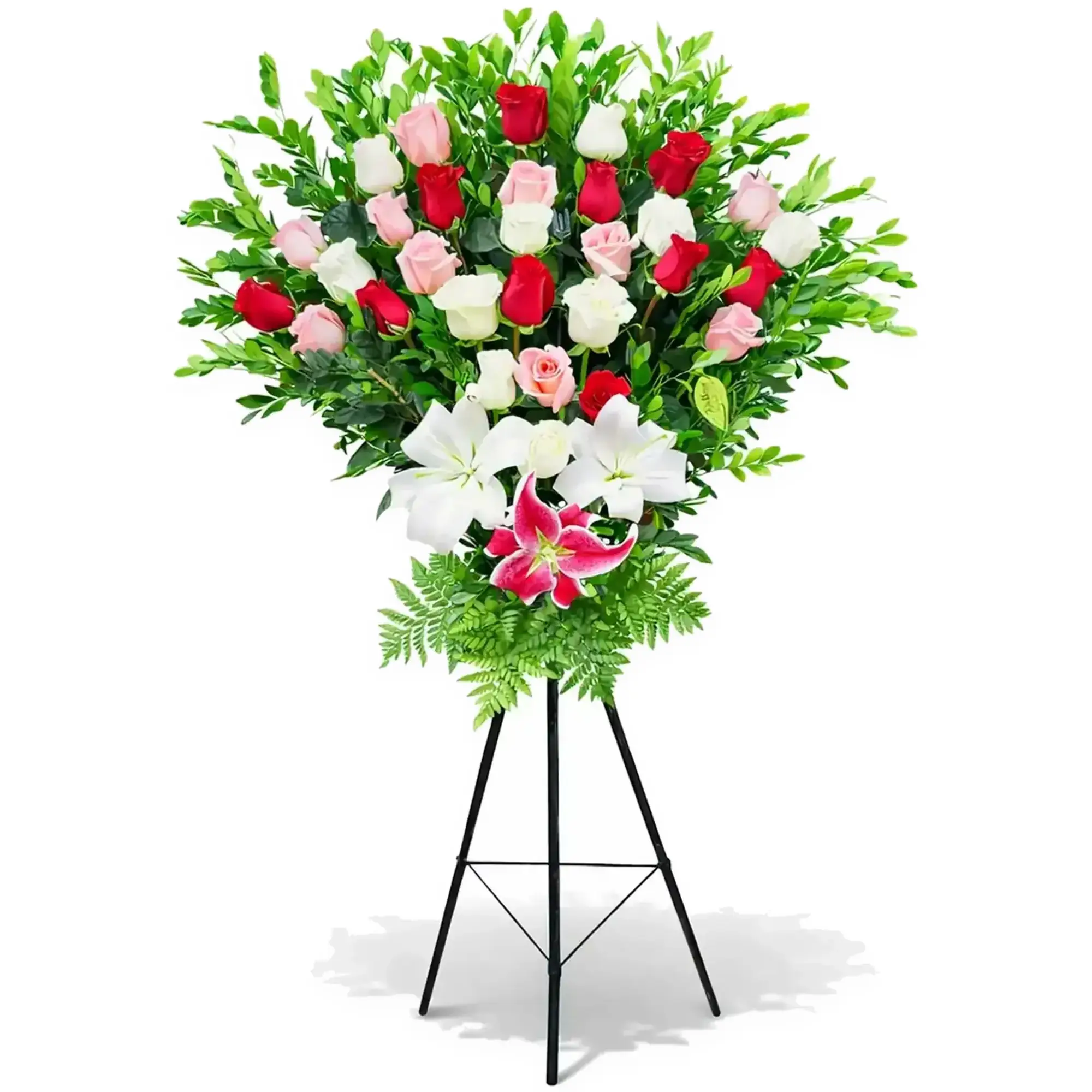 Arreglo floral de condolencias con rosas rojas blancas y rosadas con lirios blancos y rosados para velorios elegante y respetuoso con delivery en Lima