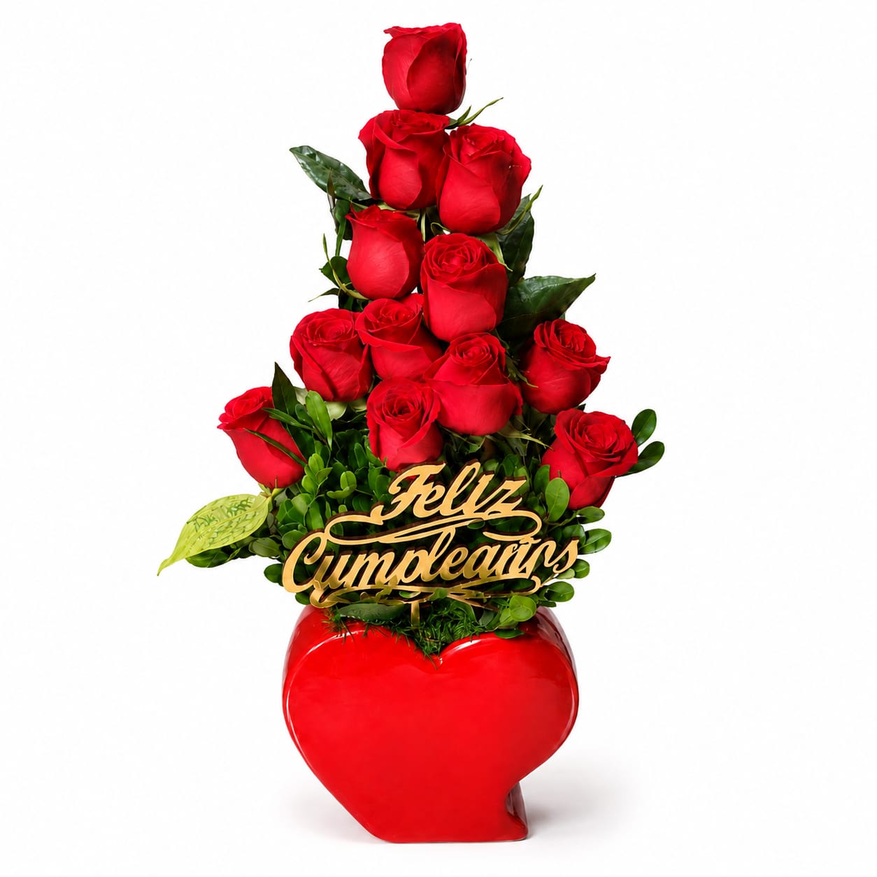 feliz cumpleaños con rosas rojas en corazón regalo romántico delivery de flores en Lima