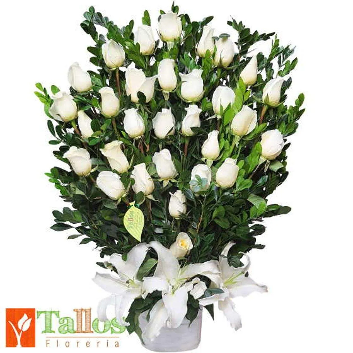 Arreglo floral de condolencias con rosas blancas en base de cerámica para velorios elegante y sobrio con delivery en Lima