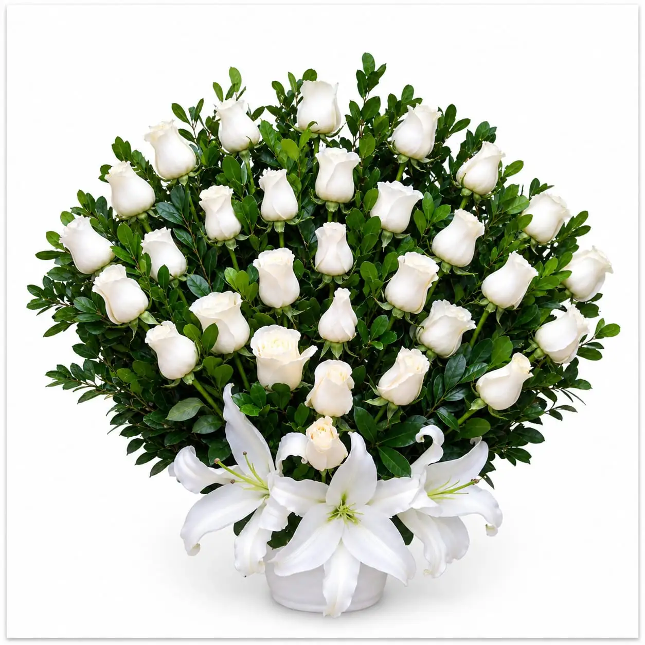 Arreglo floral de condolencias con rosas blancas en base de cerámica para velorios elegante y sobrio con delivery en Lima