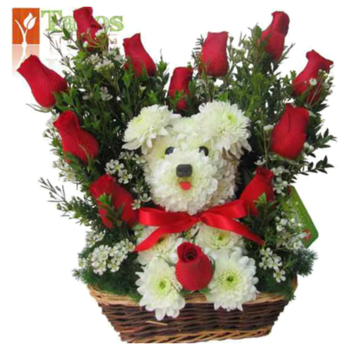 arreglo floral con cachorrito de flores y rosas rojas para regalo de amor con entrega en Lima