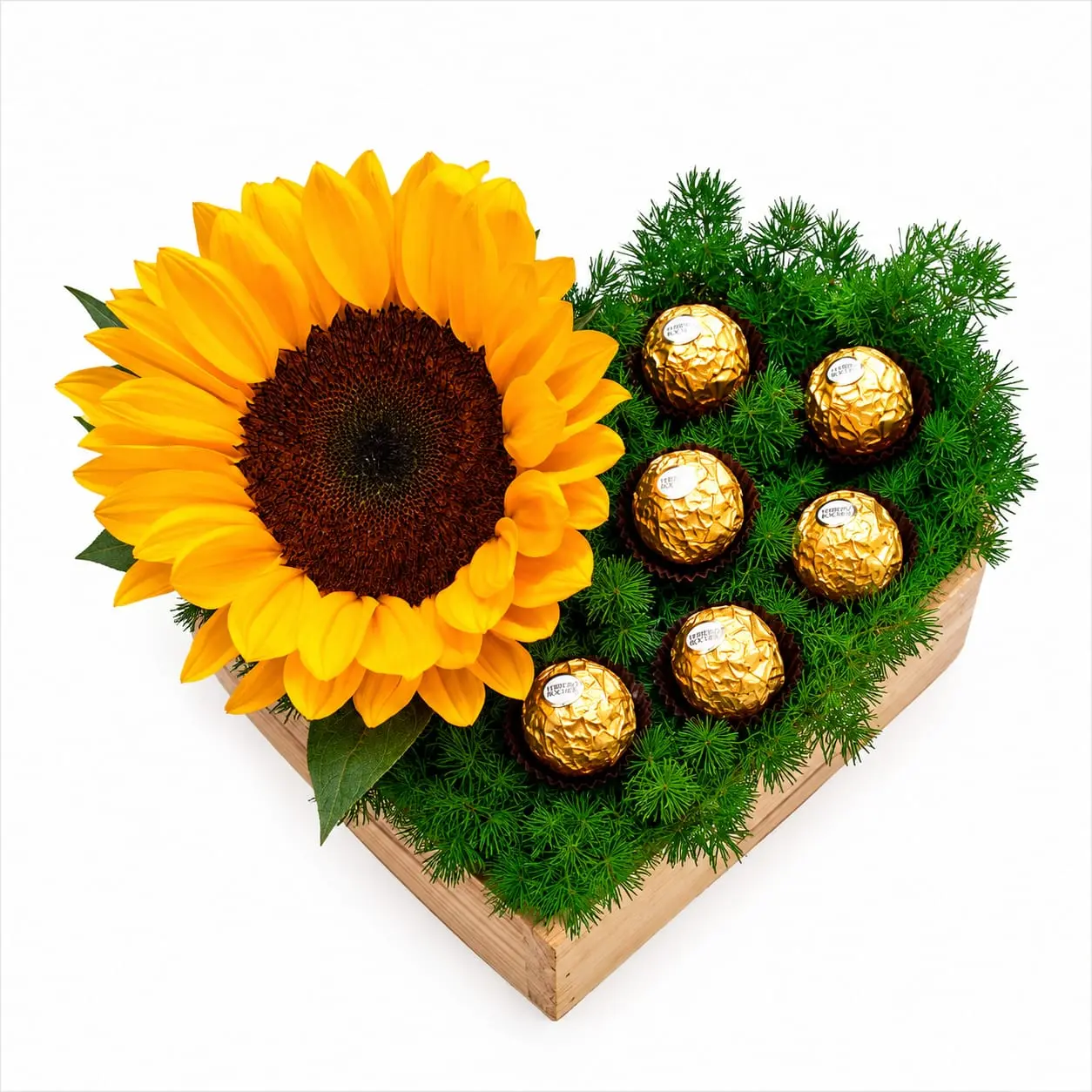 girasol y bombones en corazón para regalo especial delivery de flores en Lima