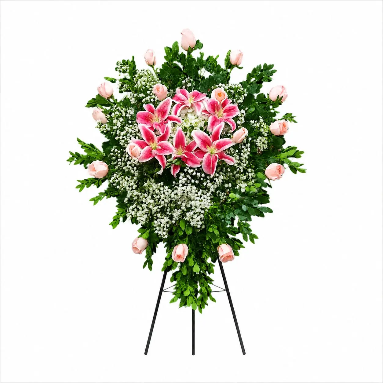 Arreglo floral de condolencias en tonos rosados con rosas rosadas y lirios para velorios elegante y delicado con entrega en Lima