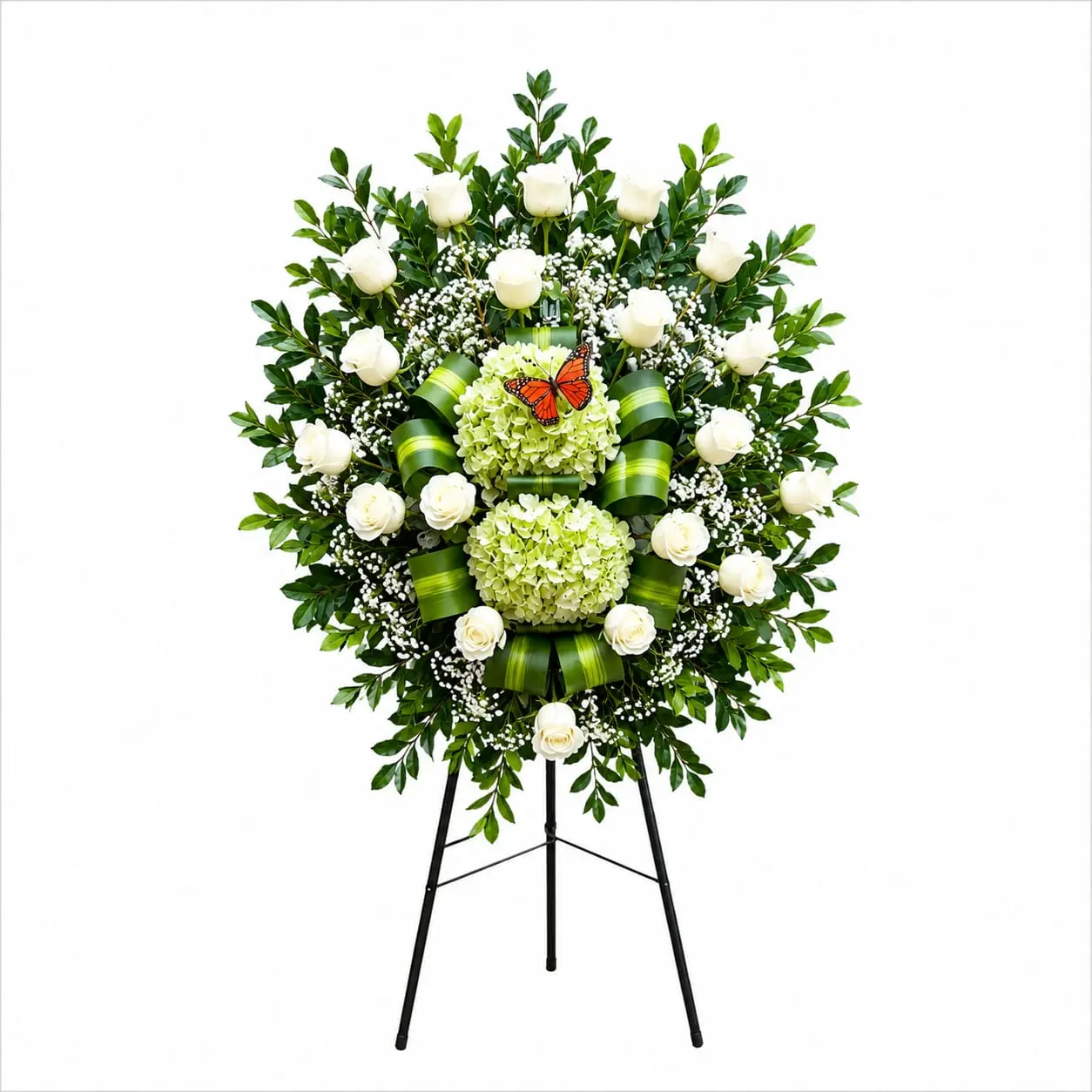 Arreglo floral de condolencias con rosas blancas hortensias y glacenas para velorios elegante y sobrio con entrega a domicilio en Lima