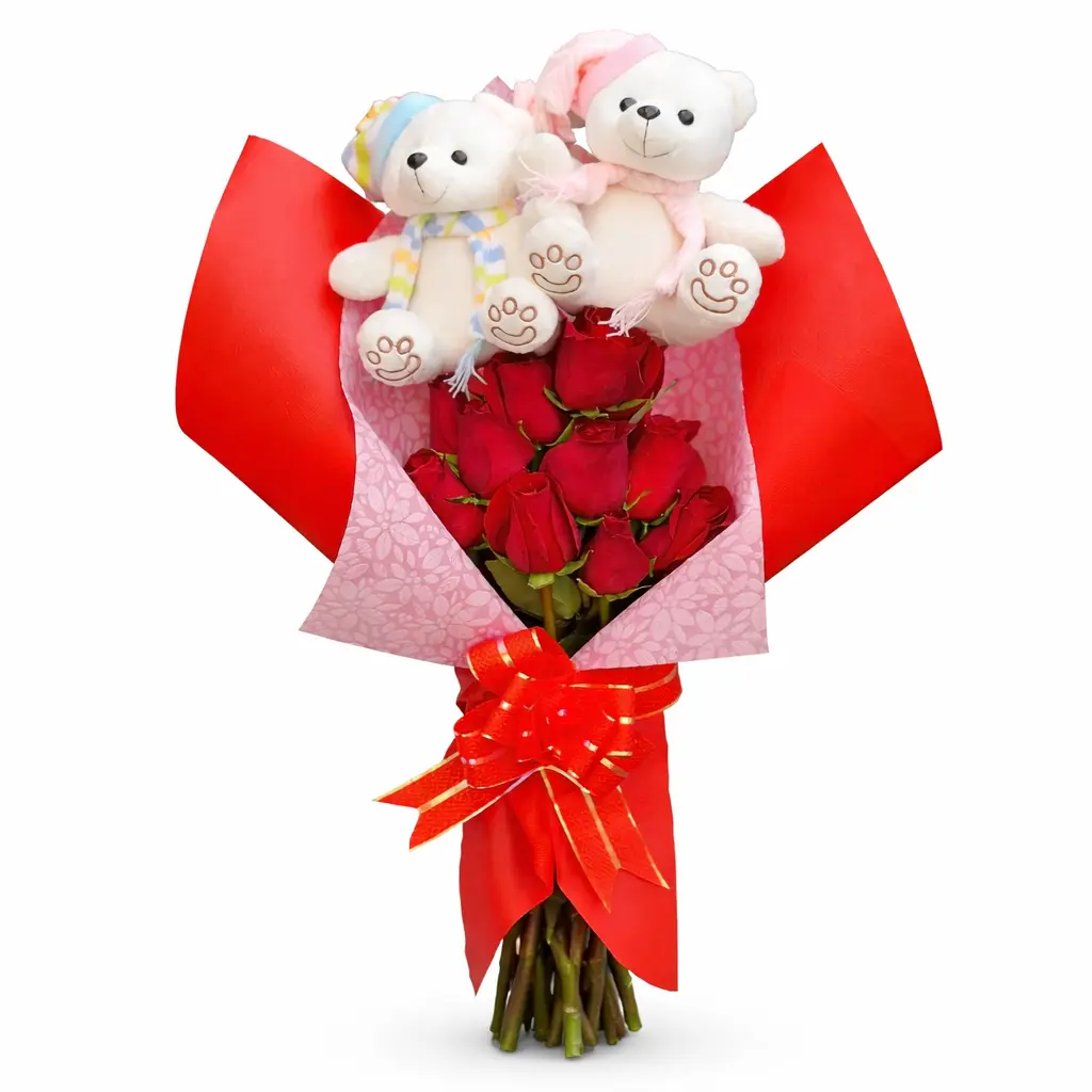 pareja de peluches en ramo de rosas para regalo romántico delivery de flores en Lima