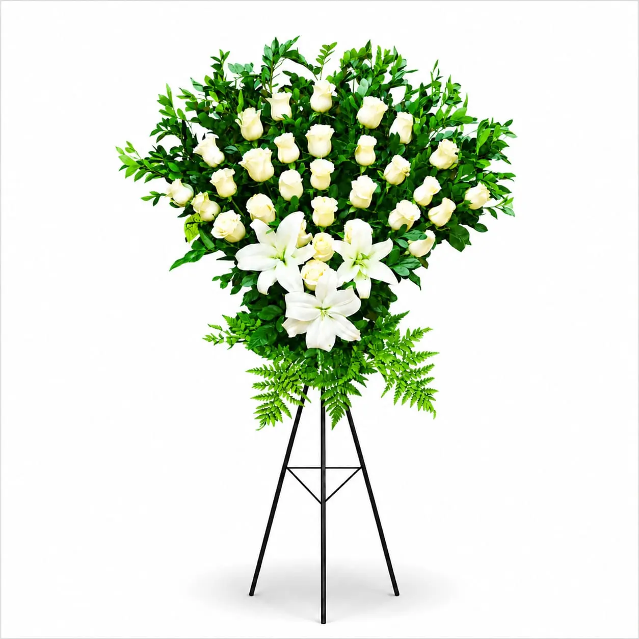 Arreglo floral de condolencias con rosas blancas y lirios blancos para velorios elegante y sobrio con delivery en Lima