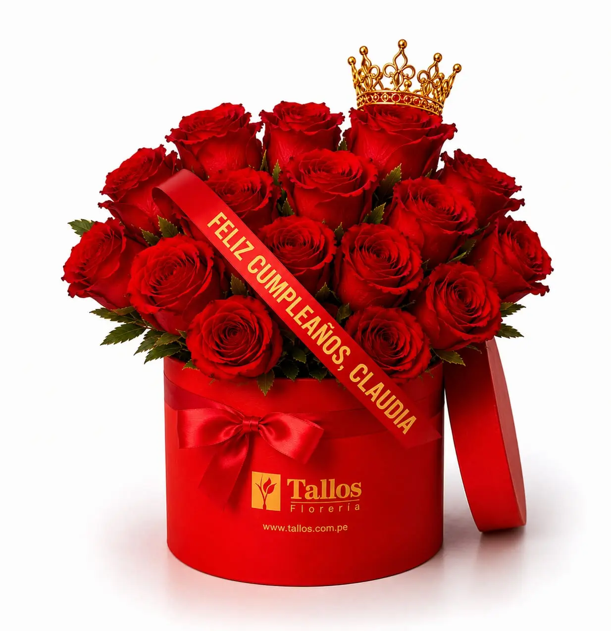 box de rosas rojas con corona y cinta personalizada para regalo romántico delivery de flores en Lima