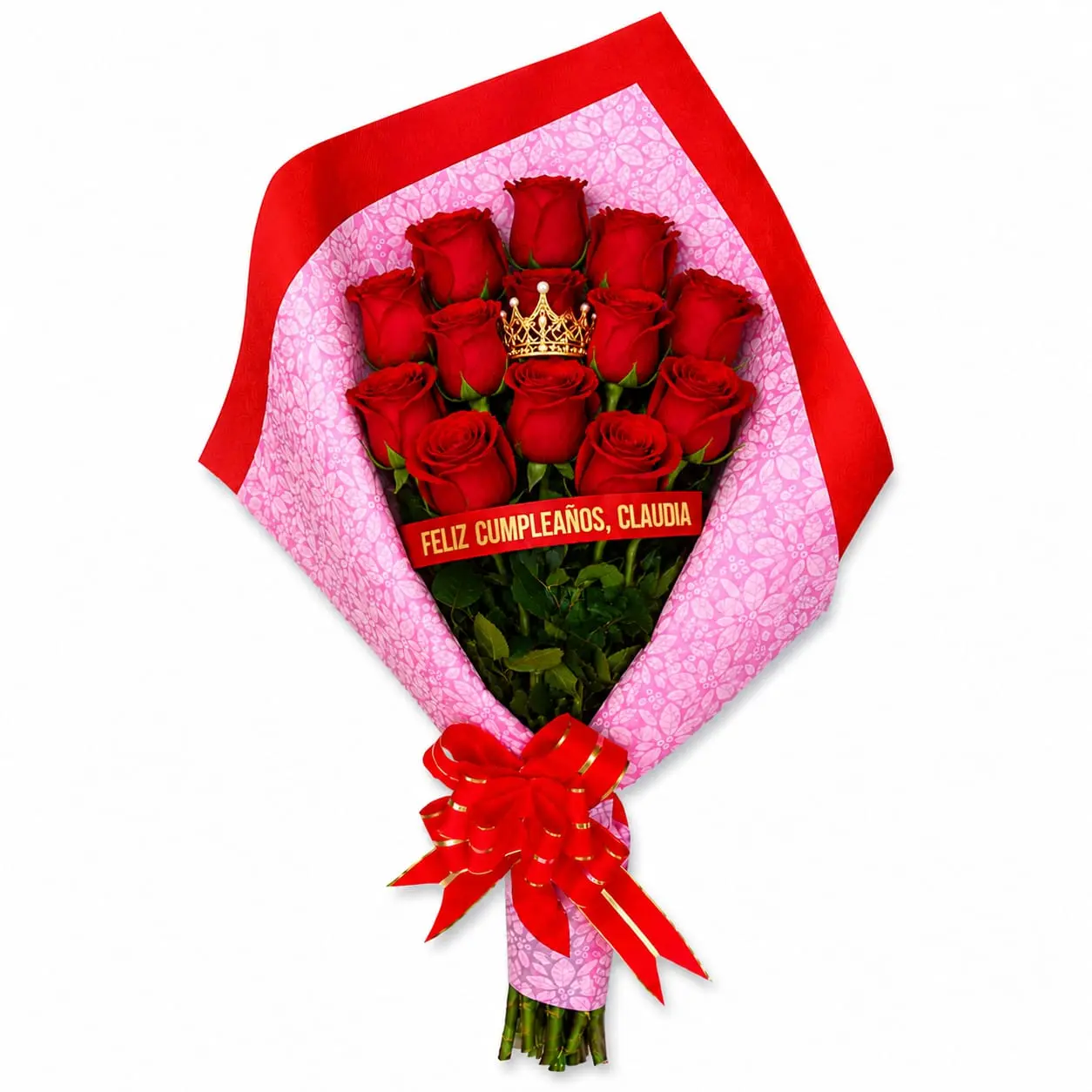 ramo de doce rosas rojas de cumpleaños con corona personalizable para regalo especial delivery de flores en Lima