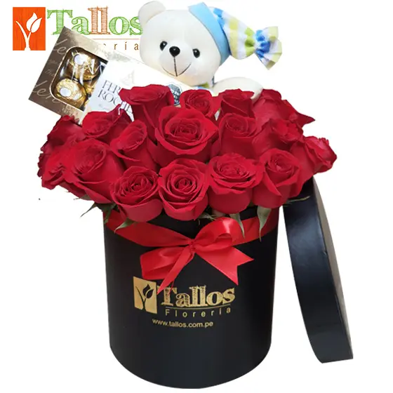 box de osito de peluche y chocolates para regalo romántico delivery de flores en Lima