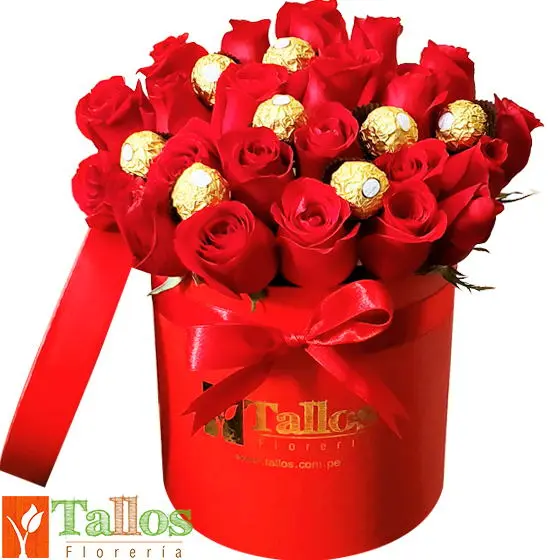 box de rosas rojas y bombones para regalo romántico delivery de flores en Lima