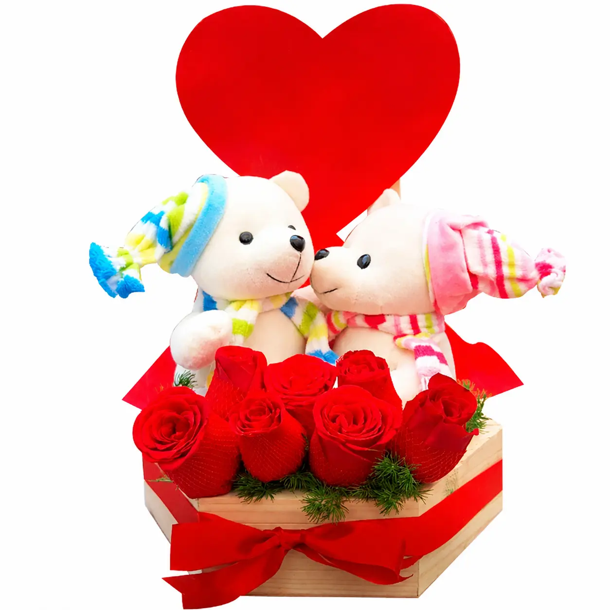 caja corazón de rosas y peluches para regalo romántico delivery de flores en Lima