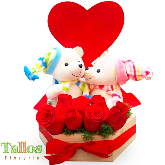 caja corazón de rosas y peluches para regalo romántico delivery de flores en Lima