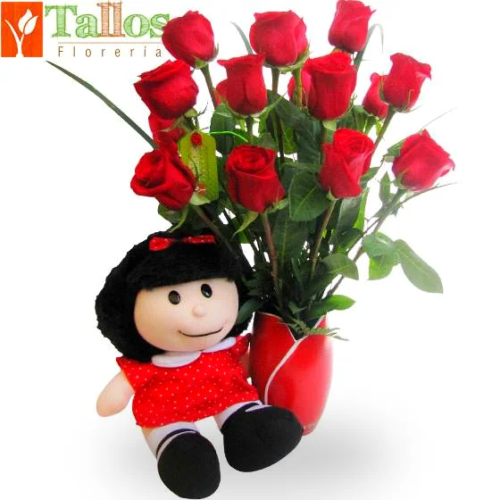 peluche de Mafalda con rosas rojas para regalo romántico delivery de flores en Lima